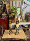 Pair of Mid-Century Modern Brass and Off-White Lamps with Bust Accents
