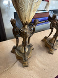 Pair of Mid-Century Modern Brass and Off-White Lamps with Bust Accents