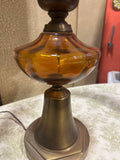 Vintage Brass and Amber Glass Large Table Lamp