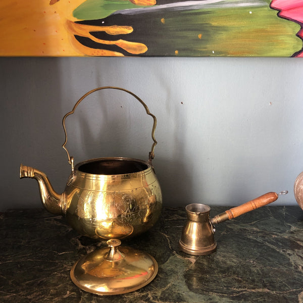 Brass Stacking Personal Teapot W/pot, Creamer, Tea Cup and Lid W/bell 