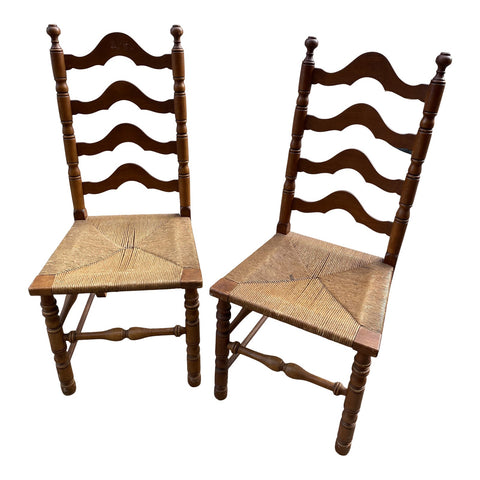1970s Vintage Ladder Back Rush Seating Chairs - a Pair