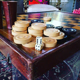 Antique checkerboard. Circa 19c. Wooden inlay and dovetail construction. Wooden pieces