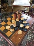 Antique checkerboard. Circa 19c. Wooden inlay and dovetail construction. Wooden pieces