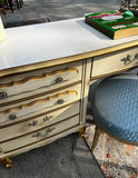 Vintage Regency White Wooden Desk With Gold Accents and Matching Chair- Needs Reupholstery