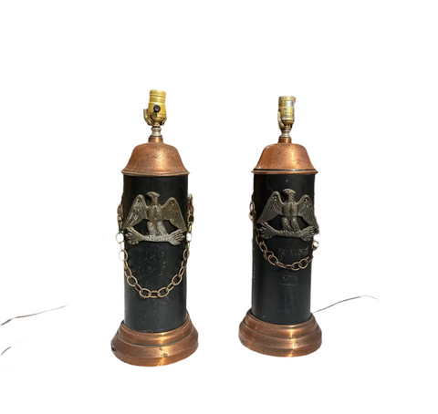 Pair of Copper Industrial Lamps With Eagle Accents