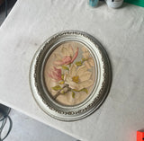 Oval Floral Print in White Wooden Frame Decorative Piece