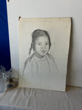 Black-And-White Portrait Pencil Sketch of Young Girl With Braids