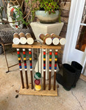 Vintage Wooden Croquet Game Set and Holder- 10 Pieces
