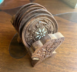 Collection of Hand Carved Wooden Coasters With Holder