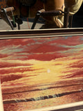 Vintage Seascape Sunset Painting on Canvas, Framed