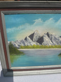 Framed Waterside Mountain Landscape Painting on Canvas, Signed by the Artist