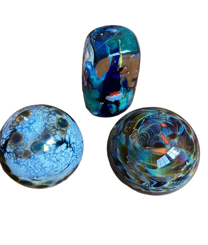 Trio of Dark Blue and Green Glass Paperweights