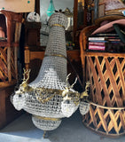 Vintage Extra Large Gold and Crystal Deer Head 18-Light Chandelier