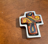 Small Silver and Colorful Ceramic Cross Wall Hanging