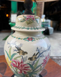 Vintage Hand Painted Floral Table Lamp With Bird Accents- Lampshade Included