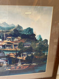 Framed Colorful Painting of a Village by the Water