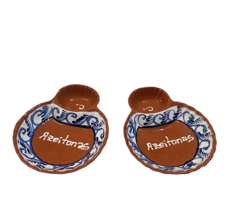 Pair of Spanish Olive Serving Dishes With Blue and White Accents