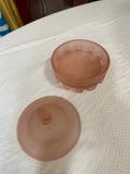 Art Deco Frosted Pink Depression Glass Catchall and Lid With Bust Details