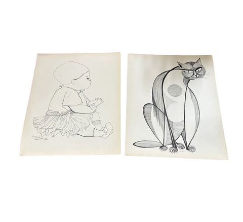 Pair of Brazilian Style Prints of a Cat and Baby, Signed