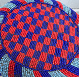 Red and Blue Wooden Hand Beaded African Stool