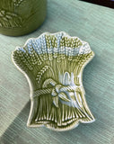 Pair of Green Ceramic Wheat Catchall and Tray