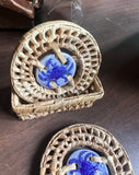 Pair of Ceramic Blue Crab Coasters With Wicker Edges and Basket