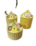 Trio of Yellow Ceramic Woven Style Jars With Floral Accents