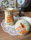 Pair of Vintage Floral Hand Painted Dishes, Vase and Bowl With Lid