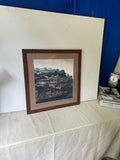 Framed Colorful Painting of a Village by the Water