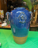 Oversized Blue Ceramic Vase With Metal Ears