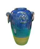 Oversized Blue Ceramic Vase With Metal Ears