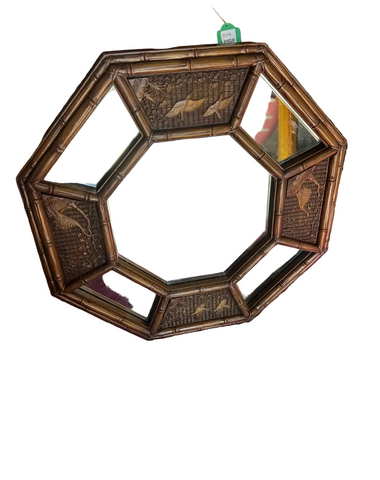 Vintage Faux Bamboo Geometric Asian Style Wall Mirror With Bird Accents