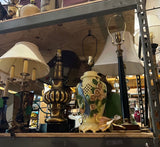 Tall Simple Black Vintage Table Lamp With a Wooden Base and Gold Details