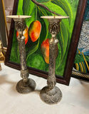Pair of Silver Tall Etched Candleholders