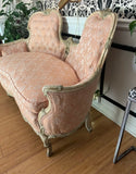 1970s Vintage French Pink Cushioned Settee With White Wooden Detailed Frame