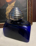 French Blue Biomorphic Glass Bottle With Silver Top
