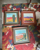 Trio of Desert Cactus Paintings in Wooden Frames