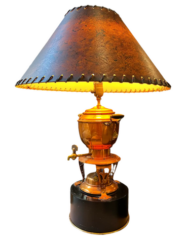 Large Copper Lamp With Stand, Hot Water Kettle Design With Detailed Stitched Shade