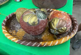 Vintage Pottery Fruit and Basket With Brass Accents