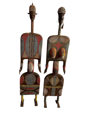 Pair of African Hand Carved and Beaded Sculptural Statues
