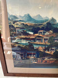 Framed Colorful Painting of a Village by the Water