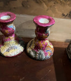 Pair of Dark Pink Floral Ceramic Candlestick Holders