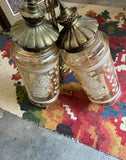 Pair of Glass Pendant Lights With Floral and Brass Accents