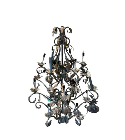 Large Scrolling Black Metal Vintage Chandelier With Leaf Details