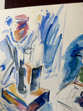 Cool Toned Watercolor Still Life Painting of Bedside Table