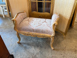 Mid Century Gold Wooden Bench With a Pink Patterned Cushion