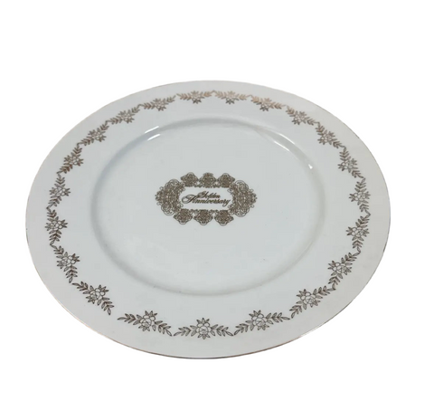 White Ceramic "Golden Anniversary" Plate With Gold Accents