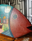 Hand Painted Folk Art Wedding Scene on Wooden Fish Art Piece