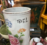 Vintage Asian Style White Ceramic Skinny Vase With Floral Accents