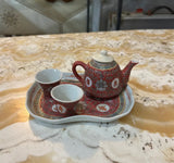 Miniature Set of Vintage Asian Ceramic Cups, Teapot, and Tray- 5 Pieces Total